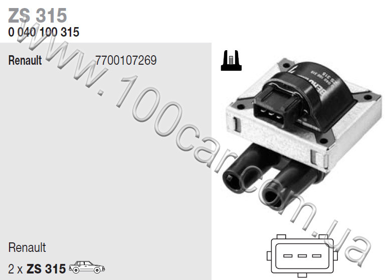 Котушка запалювання Beru ZS 315 (0040100315) для RENAULT ESPACE III, LAGUNA I, MEGANE, MEGANE I, SEAT MARBELLA, TERRA, EAN