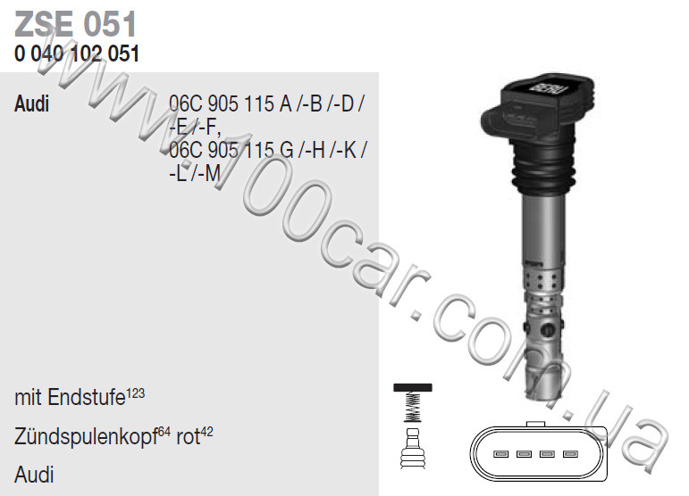 Котушка запалювання Beru ZSE 051 (0040102051) для AUDI A4, A6, A8, EAN 4014427118244, оригінальні номери: 06C905115A, 06C905115B,