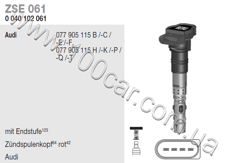 Котушка запалювання Beru ZS E061 (0040102061) для AUDI A4, A6, A8, EAN 4014427118251, оригінальні номери: 077905115B, 077905115C,