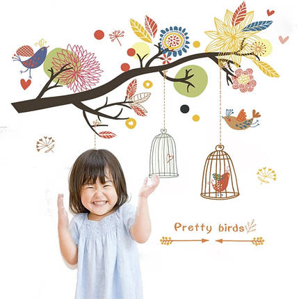 Наклейка на стіну, на вітрину, в дитячу Pretty birds "Пташки в клітках 96см*90см (лист 60*90см), фото 2