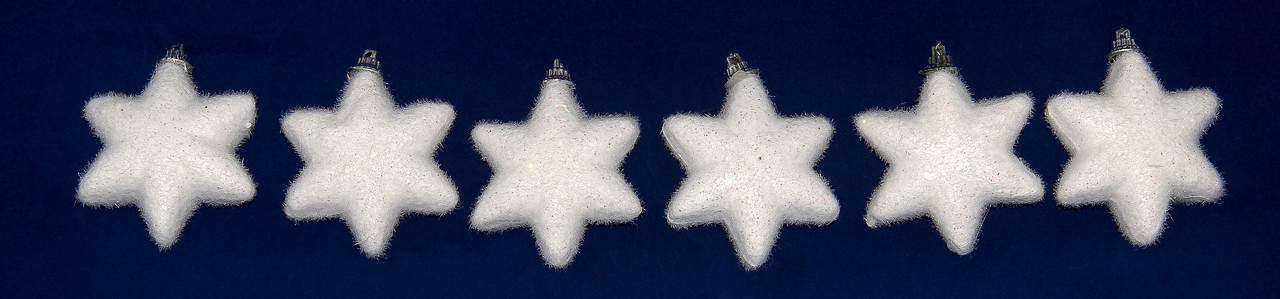 Набір ялинкових іграшок - зірочки з кольоровими блискітками, 6 шт, 7 см, білий, пінопласт (200220), фото 1