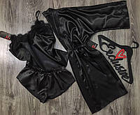 Эксклюзивный черный атласный набор халат и пижама АТ-1086