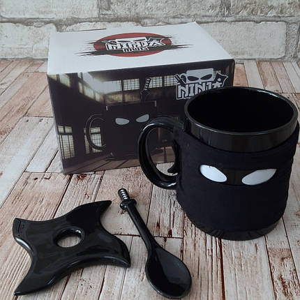 Керамическая кружка Ниндзя с ложкой и подставкой Ninja mug, фото 2