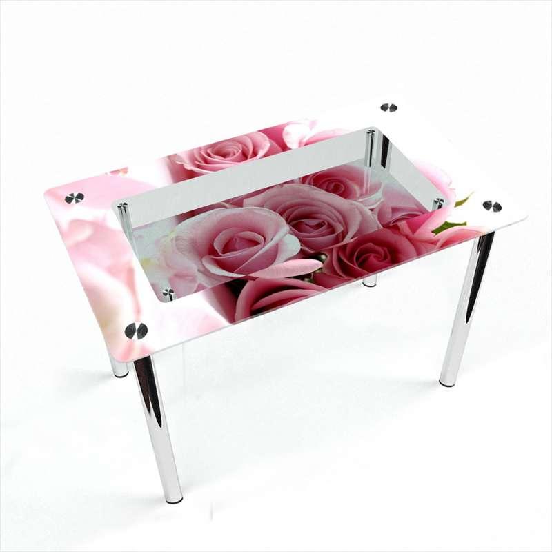 Стіл обідній скляний Прямокутний з полицею скло фотодрук Pink Roses 910х610*Еко мм (БЦ-Стіл ТМ)