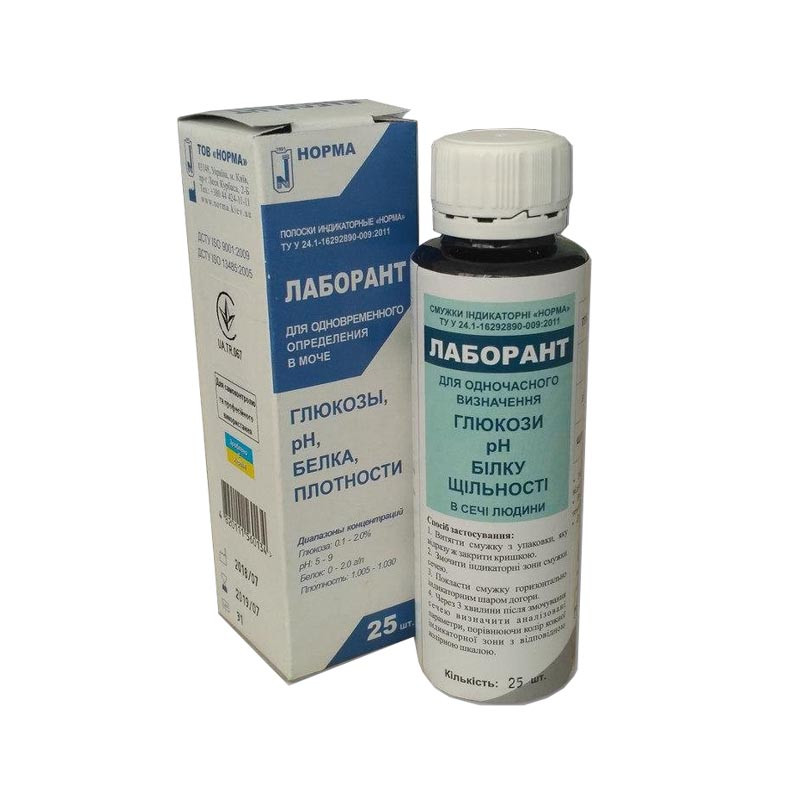 Тест смужки візуальні Лаборант No25 (глюкоза, білок, pH і щільність)