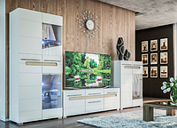 Современная белая глянцева модульная ТВ стенка с подсветкой под телевизор в гостиную зал Бьянко Мир Мебели