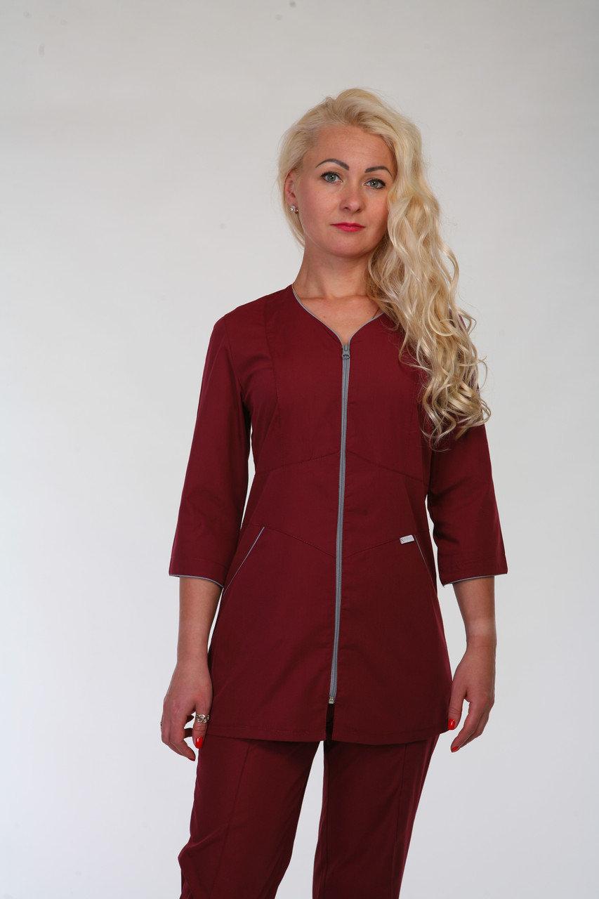 Медичний костюм 22109 бордовий на блискавці 42-60р. жіночий батист, фото 1