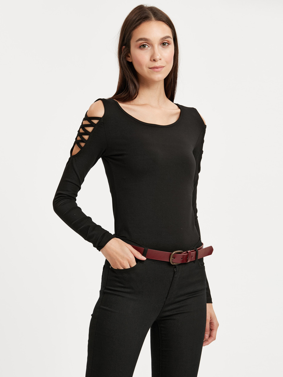 Чорний жіночий реглан Lc Waikiki / Лз Вайкікі з перехресним декором