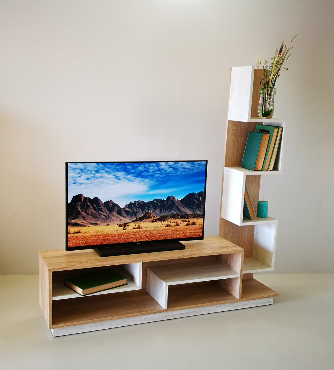 Підлогова відкрита вузька тумба під телевізор тв 130 см у спальню вітальню ТВ3 Мікс Меблі дуб сонома+атланта