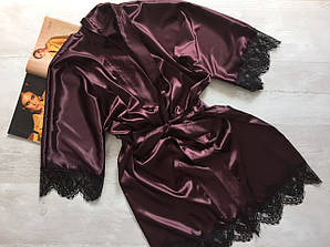 Женский атласный халат на запах с поясом шоколад 021