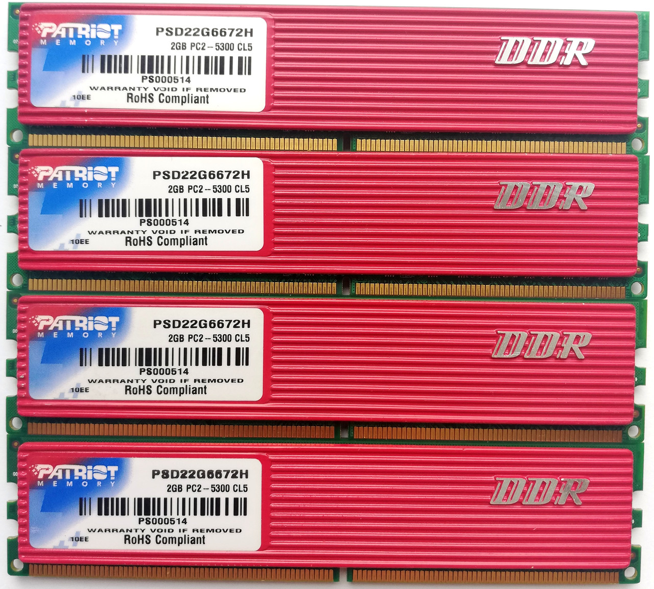 Комплект оперативной памяти Patriot DDR2 8Gb (4*2Gb) 667MHz PC2 5300U CL5 2R8 (PSD22G6672H) Б/У