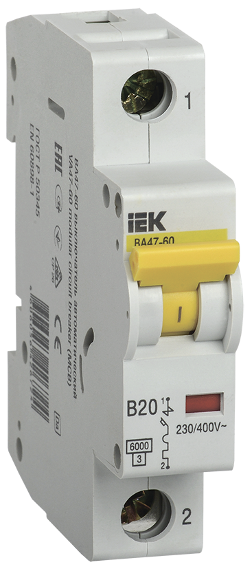 Вимикач автоматичний ВА 47-60 1Р 20А 6 кА х-ка B IEK