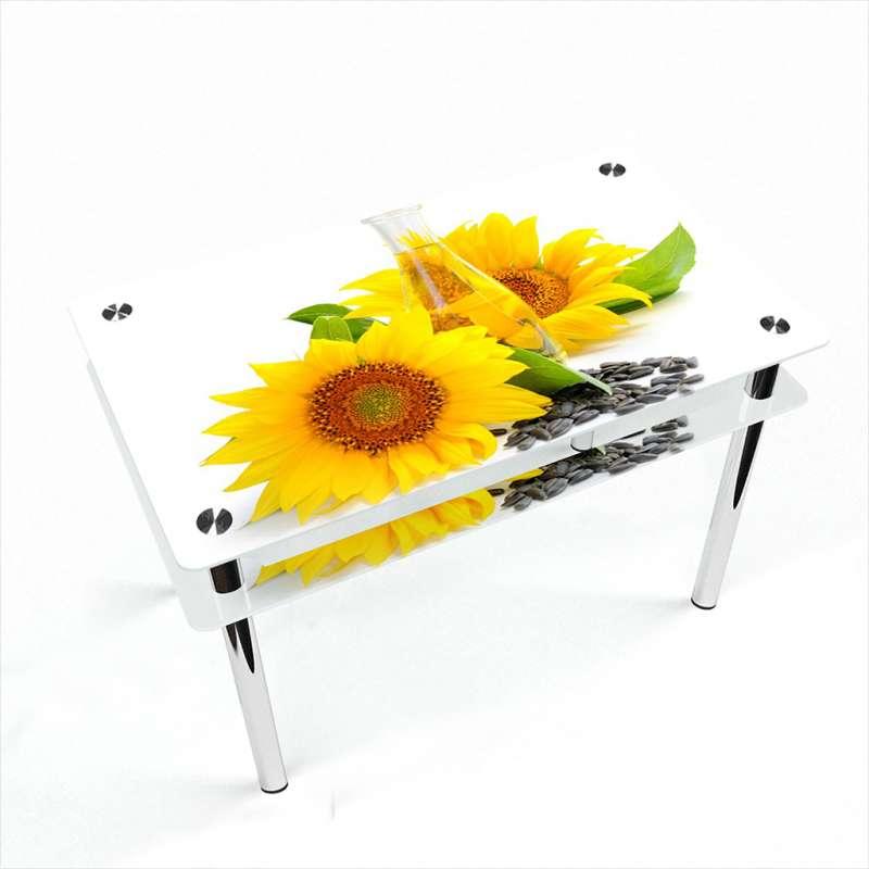 Стіл обідній скляний Прямокутний з прохідною полицею фотодрук Sunflower 910х610*Еко (БЦ-стіл ТМ)