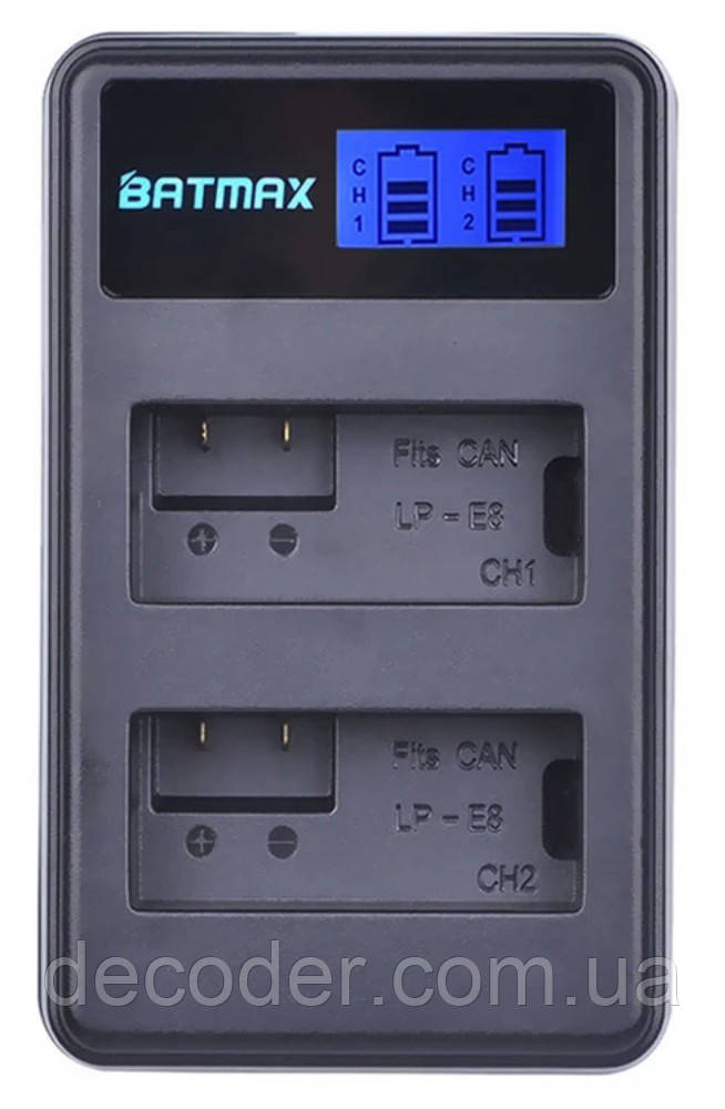Подвійний USB зарядний пристрій на два акумулятори Canon LP-E8 Batmax заряджання ЮСБ (Dual USB LCD for Canon LP-E8)