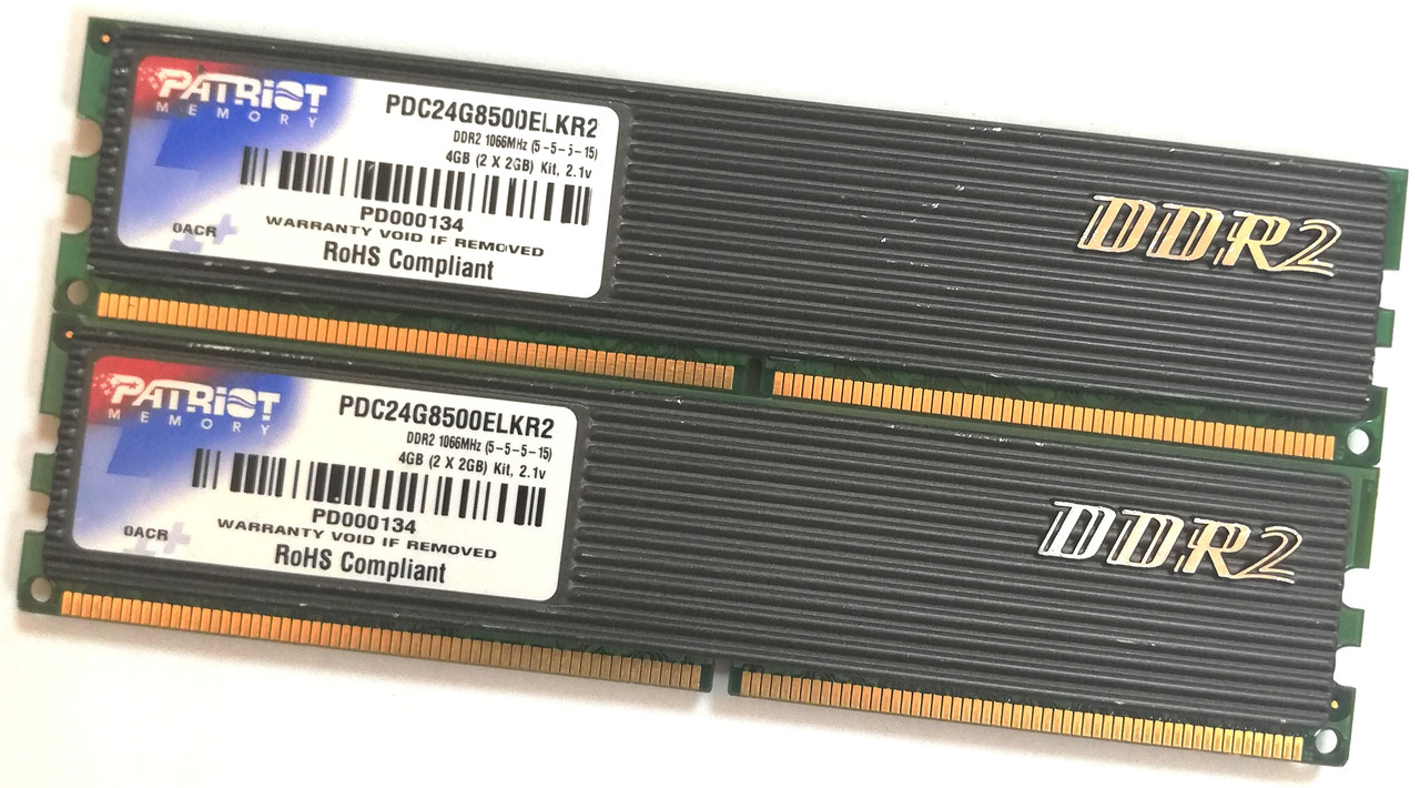 Пара оперативной памяти Patriot DDR2 4Gb (2Gb+2Gb) 1066MHz 8500U CL5 (PDC24G8500ELKR2) Б/У