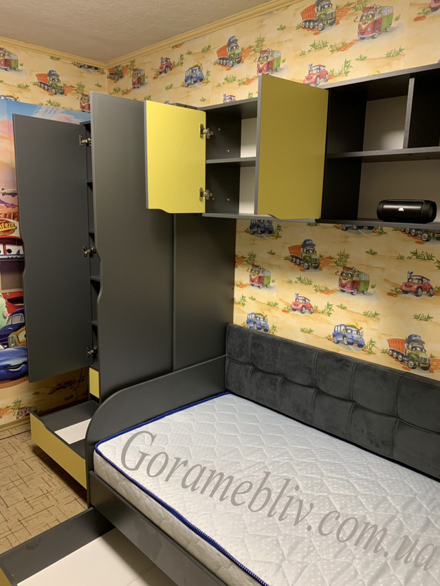 На фото: детская комната "Тетрис" с открытыми дверцами + кровать "Л-7" (фото наших покупателей)