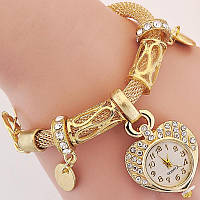 Женские винтажные часы-браслет с подвеской в форме сердца , Женские наручные кварцевые часы золото