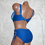 48 розмір, об'єм 80F, 80GG. Стильний жіночий купальник на великі груди, синій із пальмовим листям, фото 3