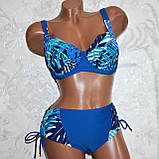 48 розмір, об'єм 80F, 80GG. Стильний жіночий купальник на великі груди, синій із пальмовим листям, фото 4