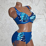 48 розмір, об'єм 80F, 80GG. Стильний жіночий купальник на великі груди, синій із пальмовим листям, фото 7