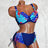 50 розмір, чашка 85F. Стильний жіночий купальник на дуже великі груди, темно-синій із пальмовим листям, фото 4