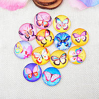 Кабошони круглі, Метелики, Лінза, Скло, Газоплотний, Різнокольорові, Випадково, 12 мм, 10 ШТ