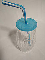 Стакан банка скляний для коктейлів 500 мл з синьою пластиковою кришкою і трубочкою Bamboo UniGlass