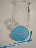 Стакан банка скляний для коктейлів 500 мл з синьою пластиковою кришкою і трубочкою Bamboo UniGlass, фото 3