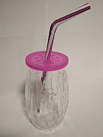 Стакан банка скляний для коктейлів 500 мл з малиновою пластиковою кришкою і трубочкою Bamboo UniGlass