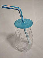 Стакан банка скляний для коктейлів 500 мл з синьою пластиковою кришкою і трубочкою Banana UniGlass