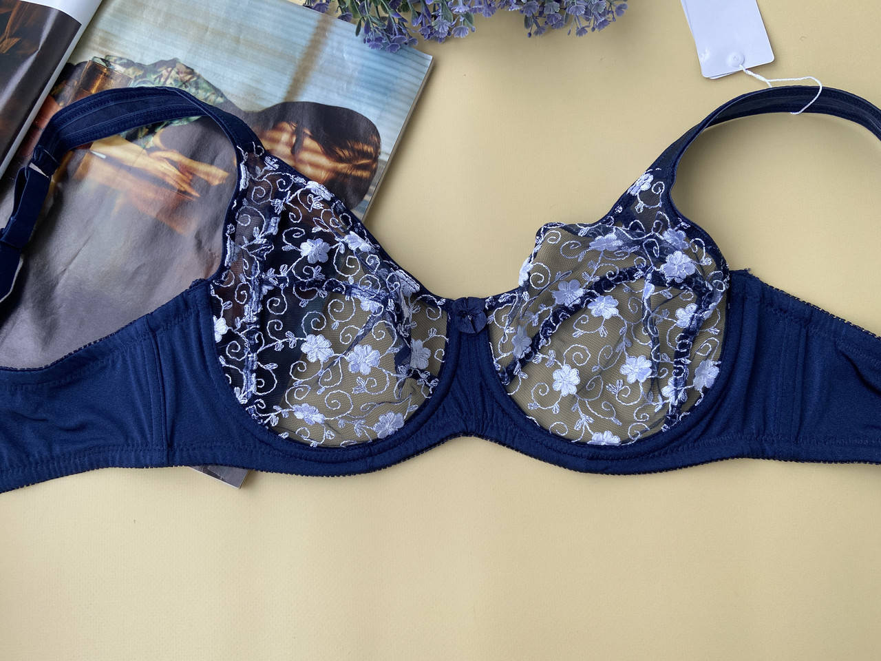 

Прозрачный бюстгальтер на чашку D, лифчик без поролона темно синего цвета, Синий