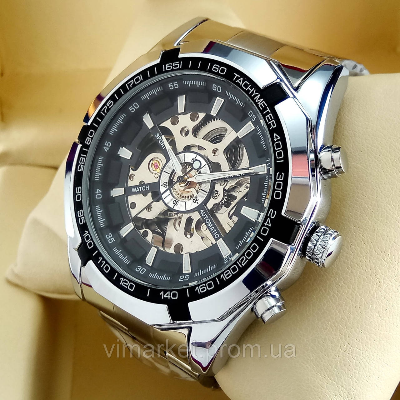 Механічні чоловічі наручні годинники скелетоны Winner TM 340 Skeleton срібного кольору з автопідзаводом
