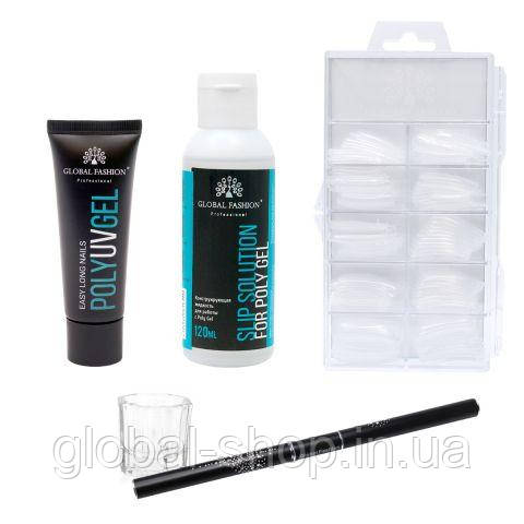 Набір для нарощування та покриття нігтів полігелем 5 одиниць, їжачність для роботи з полігелем 120 мл