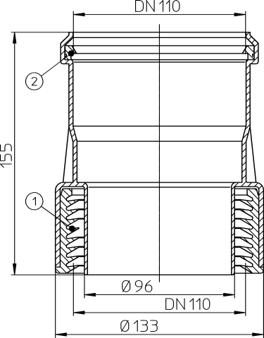HL9/1 Перехідник DN110 для лійок із ПП/ПВХ на чавун/ свинець/сталь