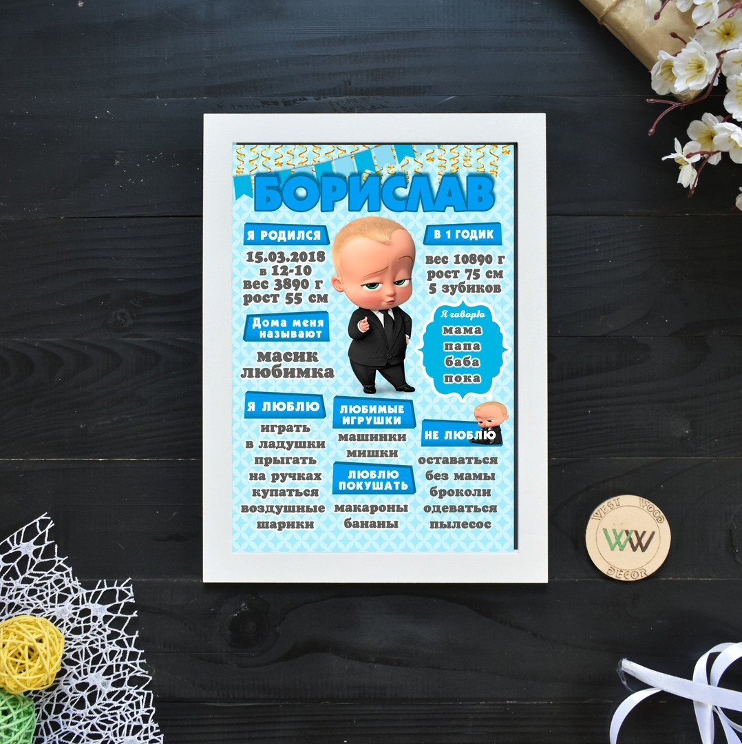 Постер досягнень на перший рік, паперова метрика, метрика друк. Бос молокосос