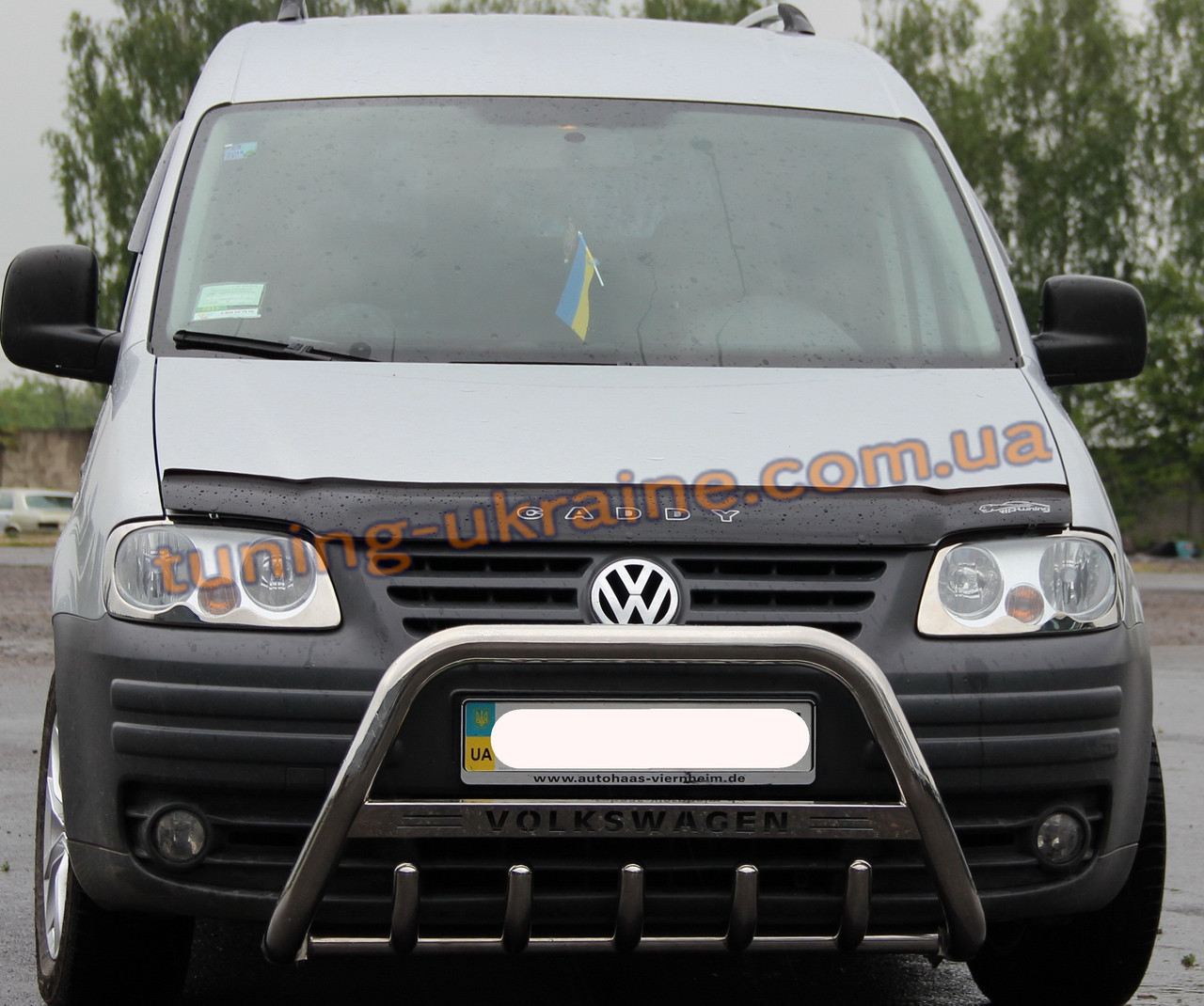 Захист переднього бампера кенгурятник з написом з нержавійки на Volkswagen Caddy 2004-2010, фото 1
