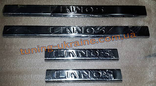 Хром накладки на пороги напис штампуванням для Chevrolet Lanos 2005-2009 хетчбек