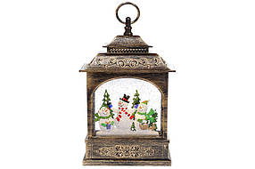 Декоративний ліхтар із декором Сніговики та ялинка всередині, з LED підсвічуванням на батарейках, в упак. 1 шт. (882-105)