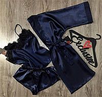 Эксклюзивный темно-синий атласный набор халат и пижама АТ-1089