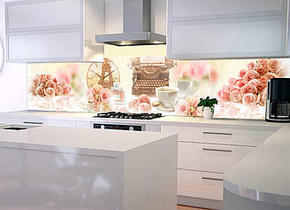 Кухонний фартух Час (фотодрук скіналі плівка для стінових панелей Франція Ейфелева вежа троянди) 600*2000 мм