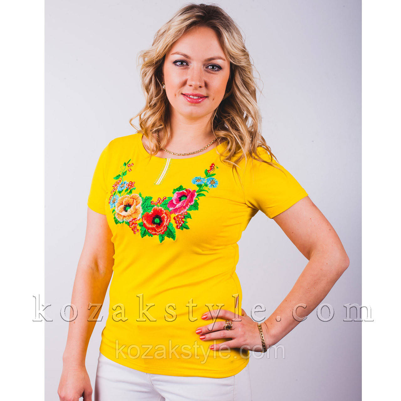 Трикотажна вишиванка "Кольорові маки" жовта