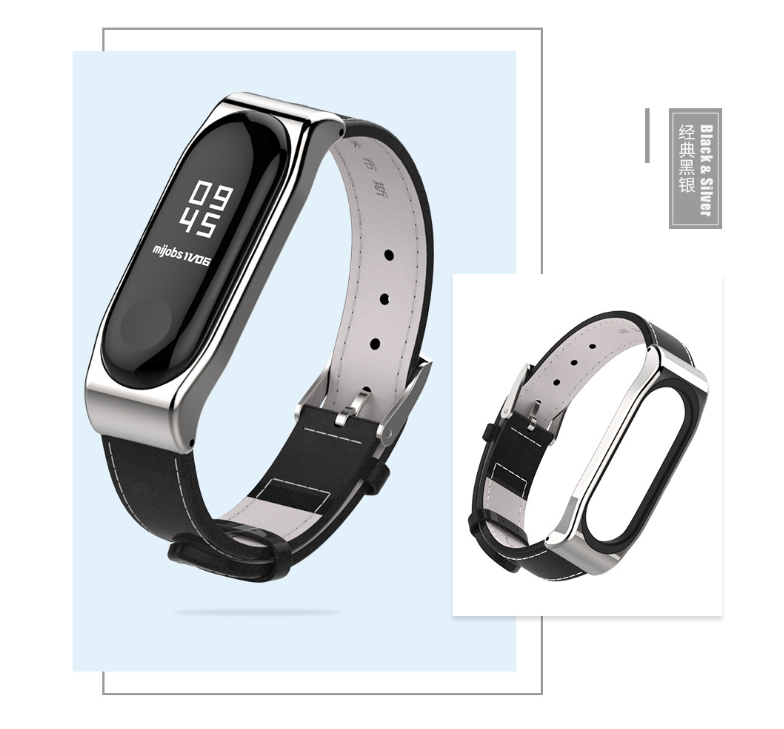 Ремінець Xiaomi Mi Band 4 / 3 MiJobs шкіряний Чорний / Срібний 1697P