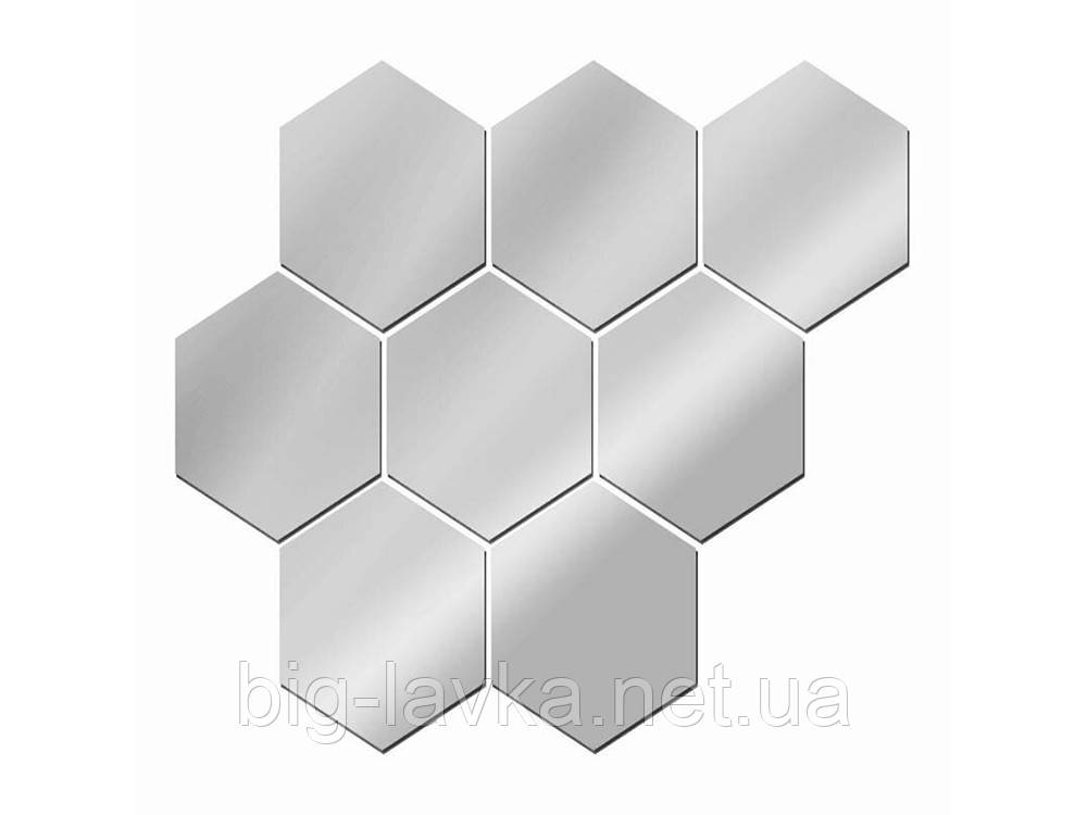 3D Шестигранная дзеркальна наклейка на стіну 12 шт. 80x70x50MM Срібло, фото 1