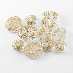 Намистини Акрилові "Мілан", з Малюнком Металік Золото, Мікс Форм, Безбарвний, 12~20х7~17.5х6~7мм, 10 шт