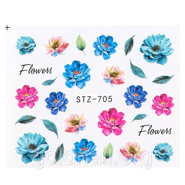 Слайдер водный для маникюра и дизайна ногтей STZ-705 голубые цветы, на водной основе - фото 1 - id-p1014673534