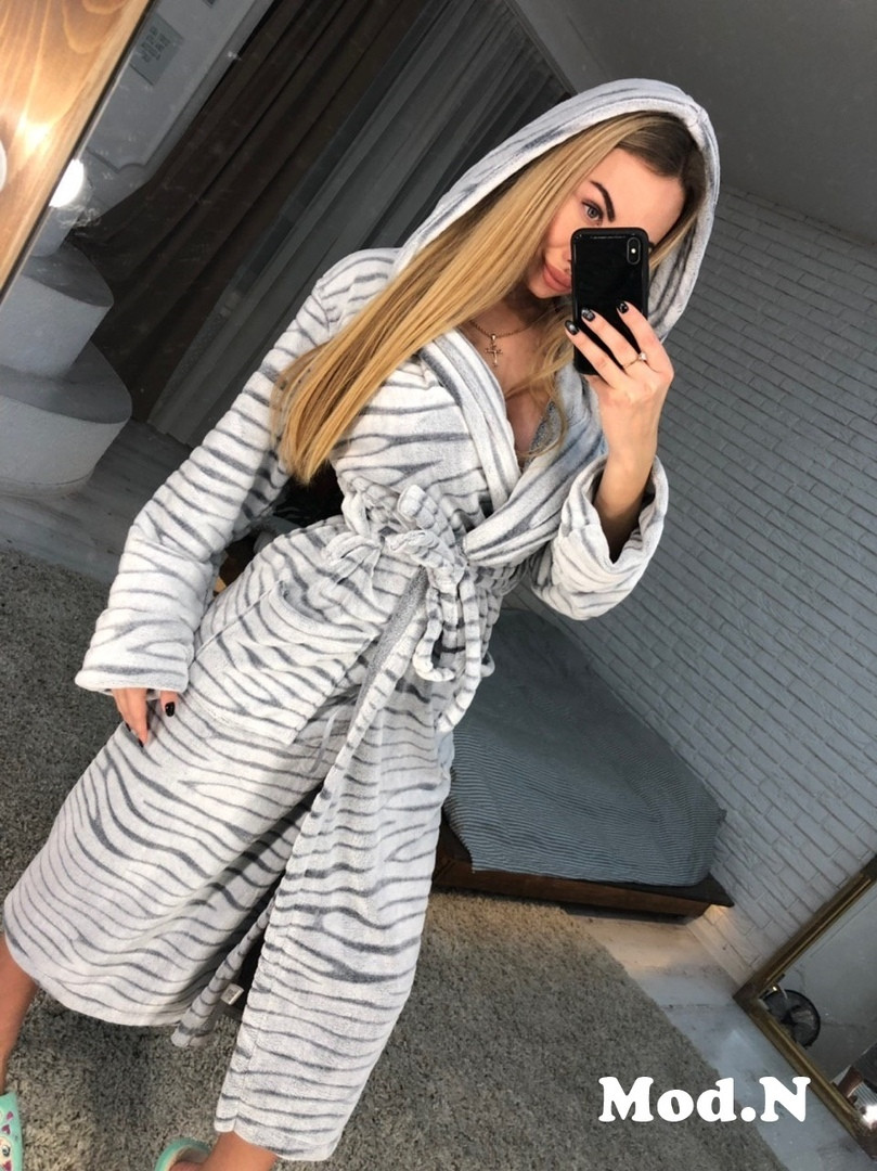 Халат жіночий теплий м'який довгий домашній (банний) з капюшоном і поясом зебра, фото 1