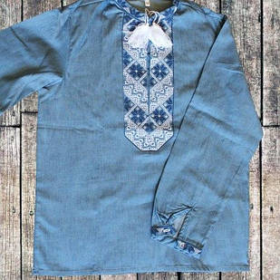 Вишиванка для хлопчика з синьо-білою вишивкою Козак, джинсова, пряма, класична, на 10,11,12,13,14,15 років