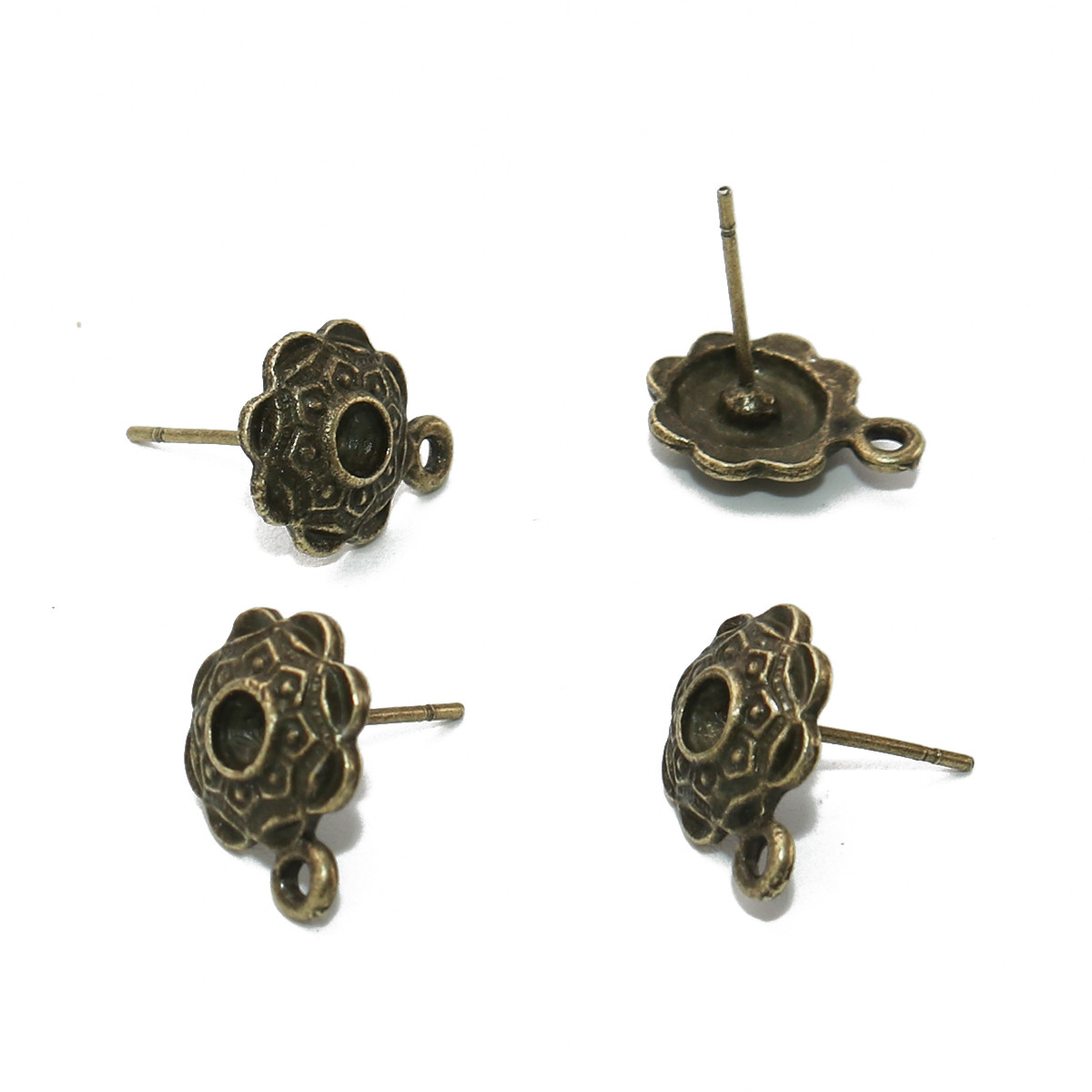 Сережка Гвоздик з заглушками, Шпилька, Метал, Антична бронза, Основа з петлею, Під страз ss13, Ціна за 1 шт.