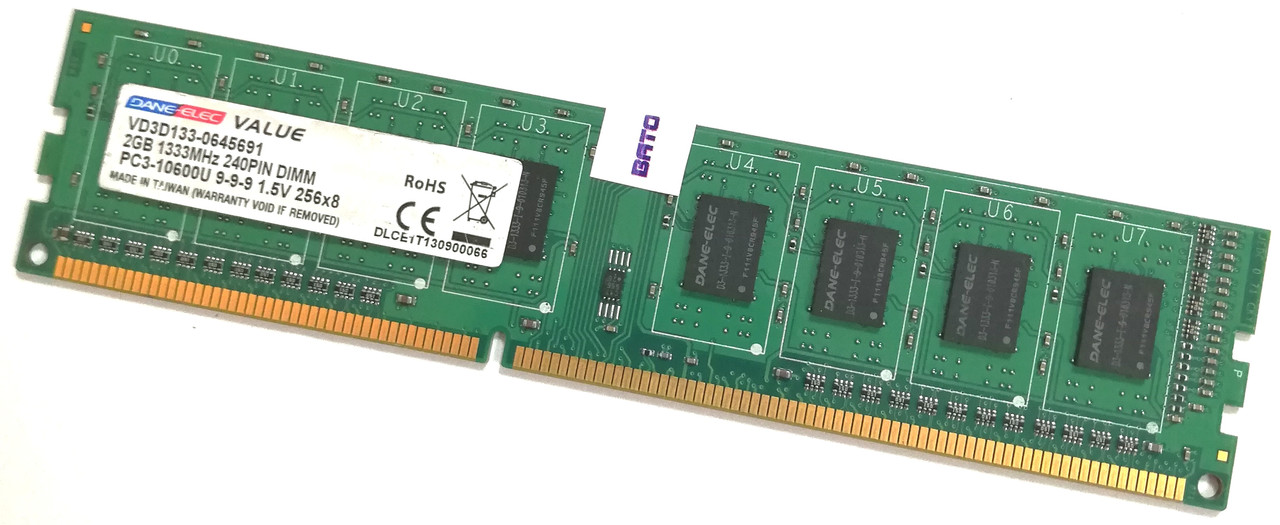 Оперативная память Dane-Elec DDR3 2Gb 1333MHz PC3-10600U 1R8 CL9 (VD3D133-0645691) Б/У, фото 1