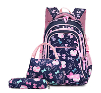 Рюкзак детский школьный для девочки. Набор 3 в 1+ брелок в подарок.Рисунок бантики с кошечками. Темно синий.